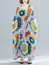 Vintage Loose Tie-Dyed Batwing Sleeves V-Neck Maxi Dress